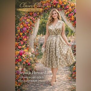 Jessica Howard Gold Polka Dot Wrap Dress Size 18 Midi Belted